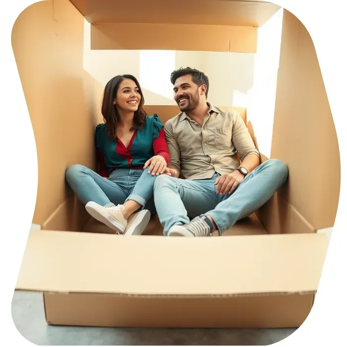Two guys sitting on the floor of their apartment with Muval moving boxes