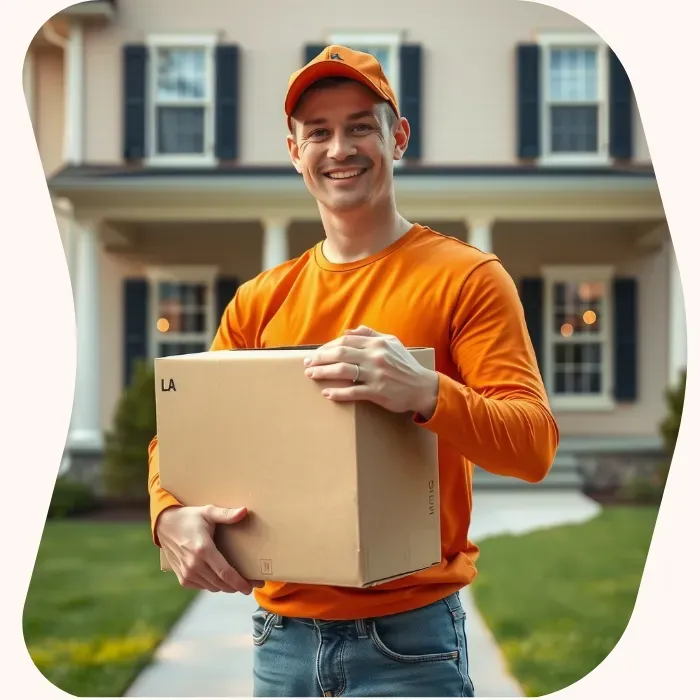 Two removalists moving boxes up stairs
